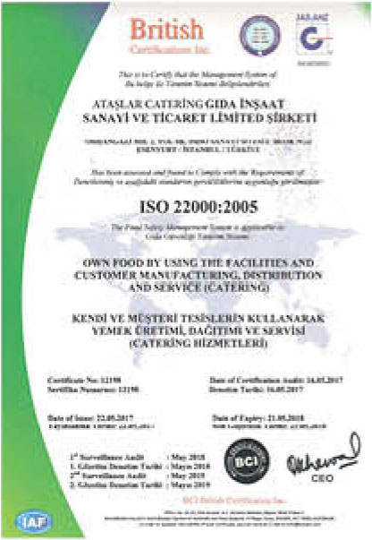 Ataşlar Catering ISO 22000 gıda güvenliği belgesi